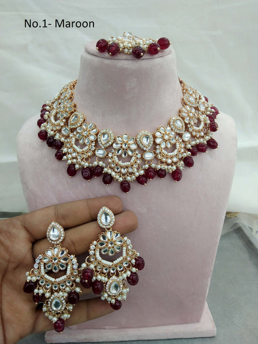 Rose gold maroon kundan necklace Set/ Rose gold Indian kundan hipi sets