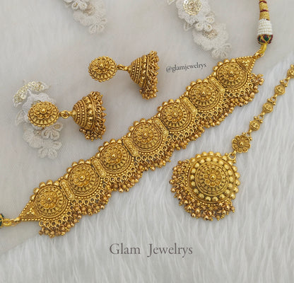 Antique Gold Plat Punjabi  Style Polki Choker Indian Jewellery Set