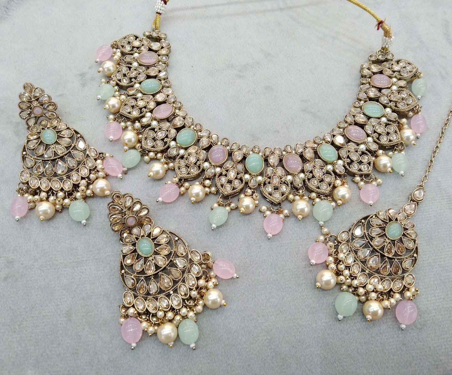 Antique Gold Necklace Set/ dark gold mint pink necklace Indian rasha jewellery set