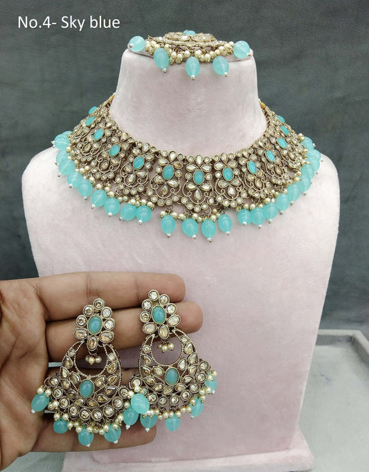 Antique Gold  Necklace Jewellery Set/ dark gold sky blue necklace Indian oory jewellery set Online