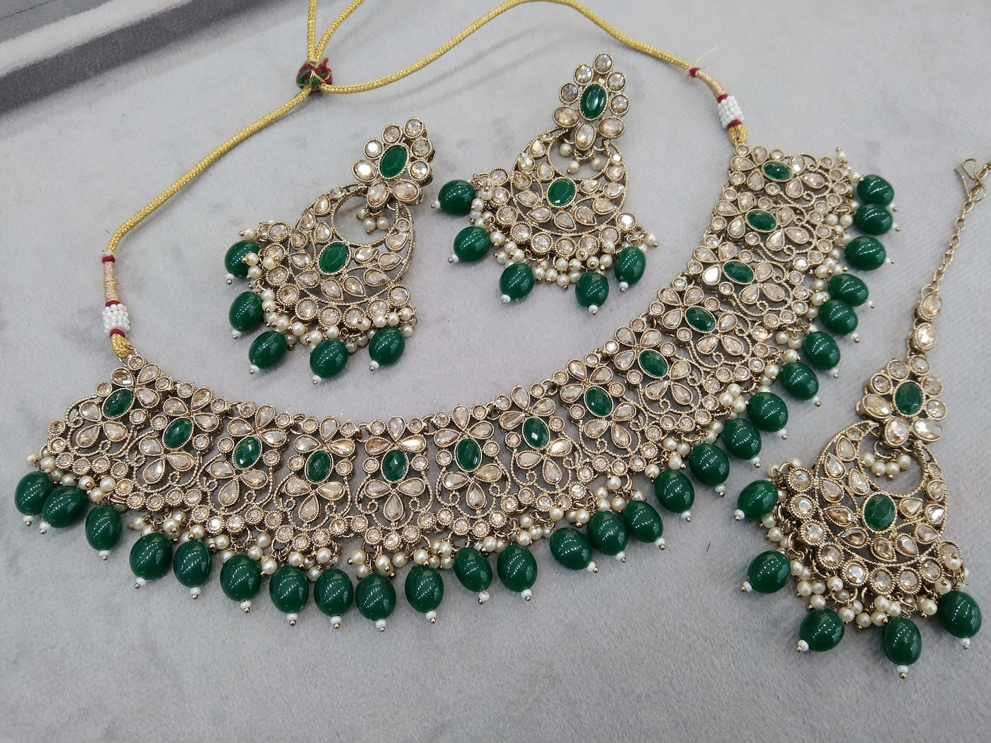 Antique Gold  Necklace Jewellery Set/ dark gold green necklace Indian oory jewellery set Online