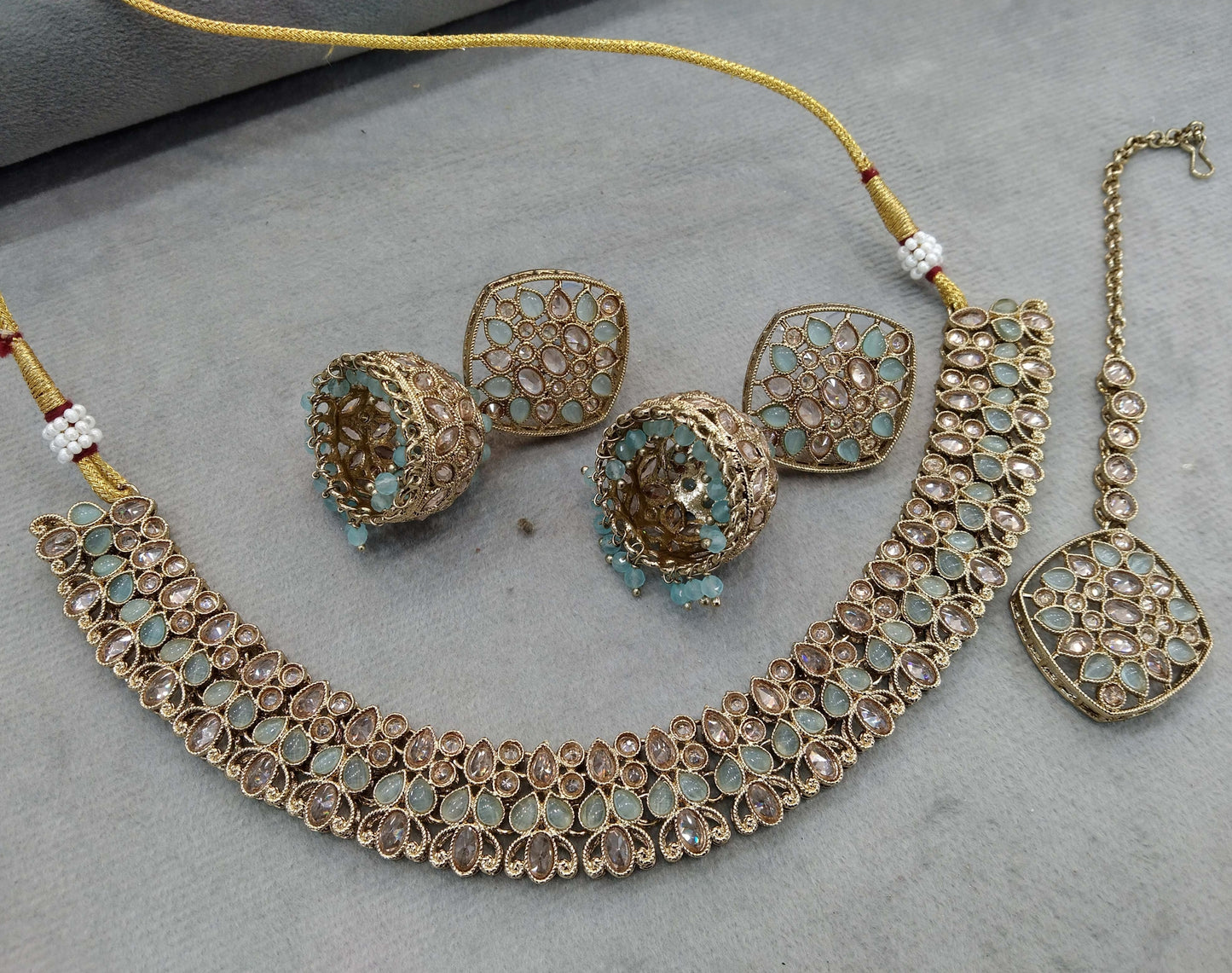 Antique Gold Wedding Necklace Jewellery Set/ dark gold sea green Indian Bridal Wedding niti Jewellery