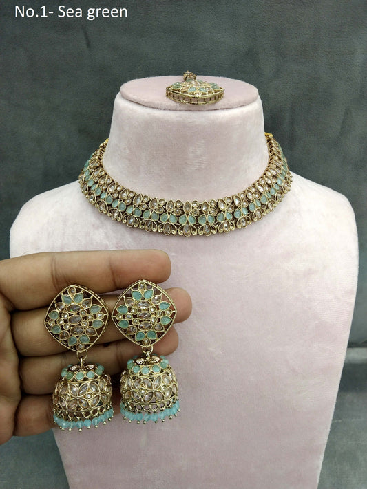 Antique Gold Wedding Necklace Jewellery Set/ dark gold sea green Indian Bridal Wedding niti Jewellery