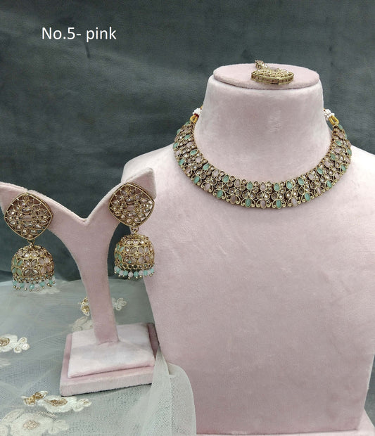 Antique Gold Necklace Jewellery Set/ dark gold  pink Indian Bridal Wedding niti Jewellery