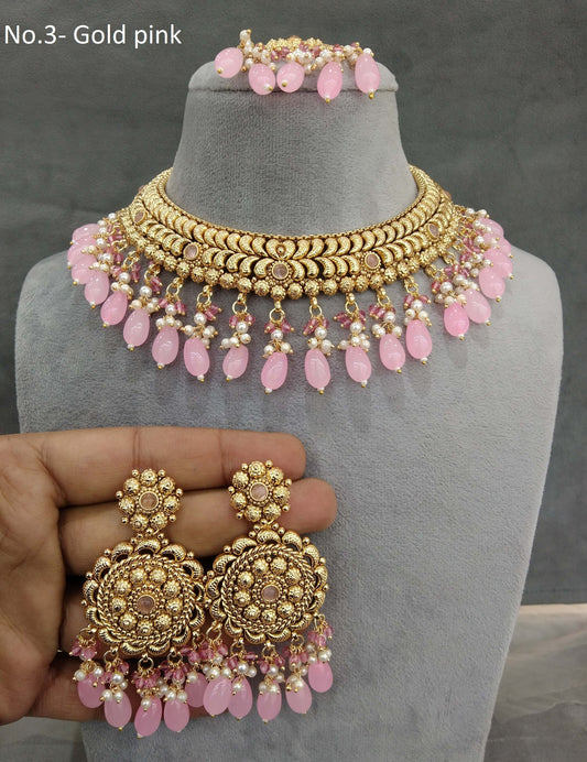 Gold pink polki Necklace Indian punjabi birpal Jewellery