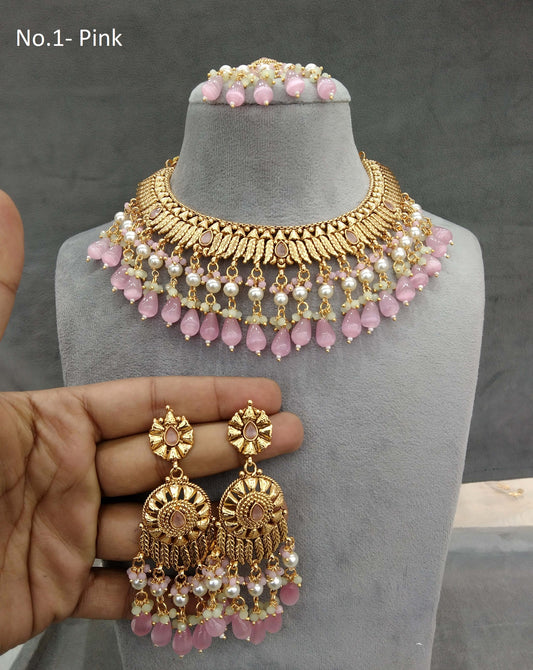 Gold pink polki necklace Indian punjabi birpal Jewellery