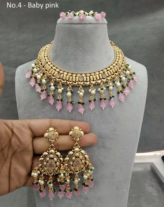 Gold pink polki necklace Indian punjabi birpal Jewellery