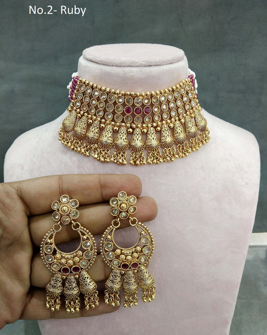 Gold Look Ruby Polki Choker Indian Jewellery Chil Set