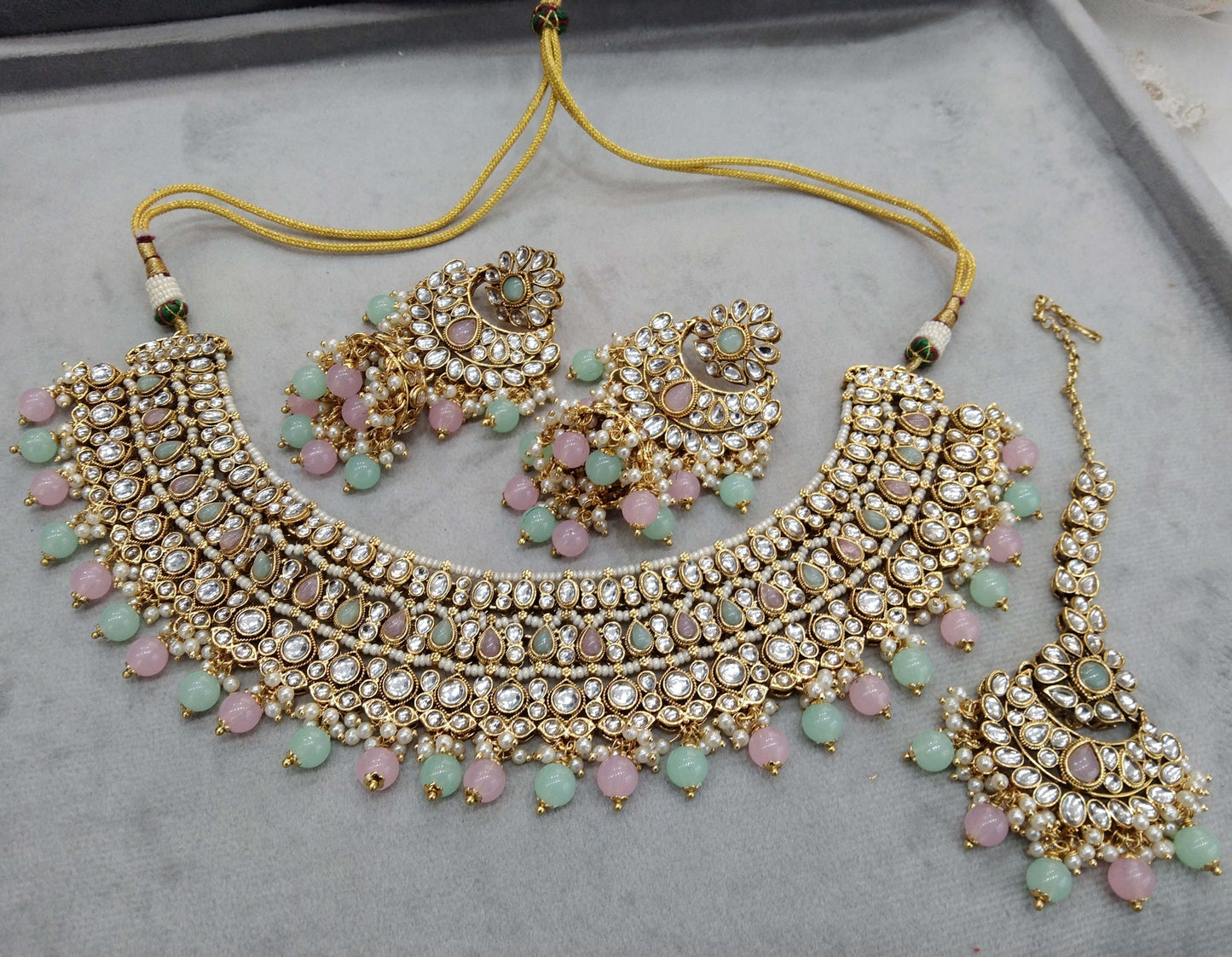 Gold mint pink Kundan necklace nili indian jewellery Set