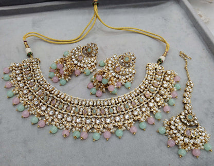 Gold mint pink Kundan necklace nili indian jewellery Set