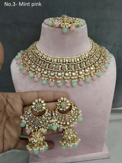 Gold mint pink Kundan necklace nili indian jewellery Set