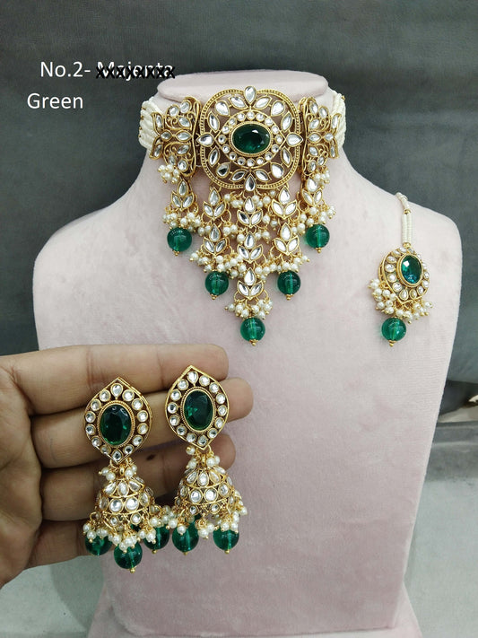 Green Choker Indian Jewellery Gold Kundan Arsh Set