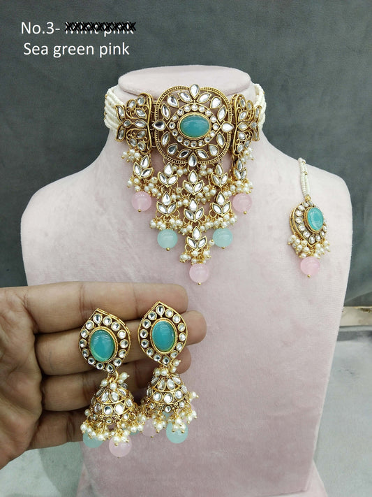 Indian  jewellery Gold sea green pink kundan choker arsh set