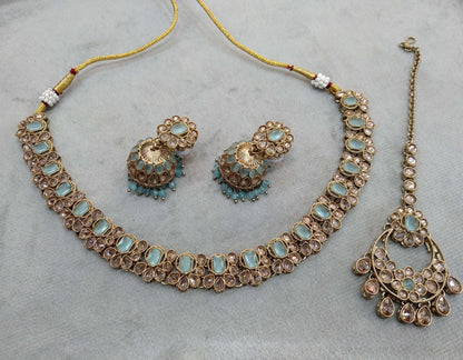 Antique Gold Sea Green Indian niti Jewellery necklace set