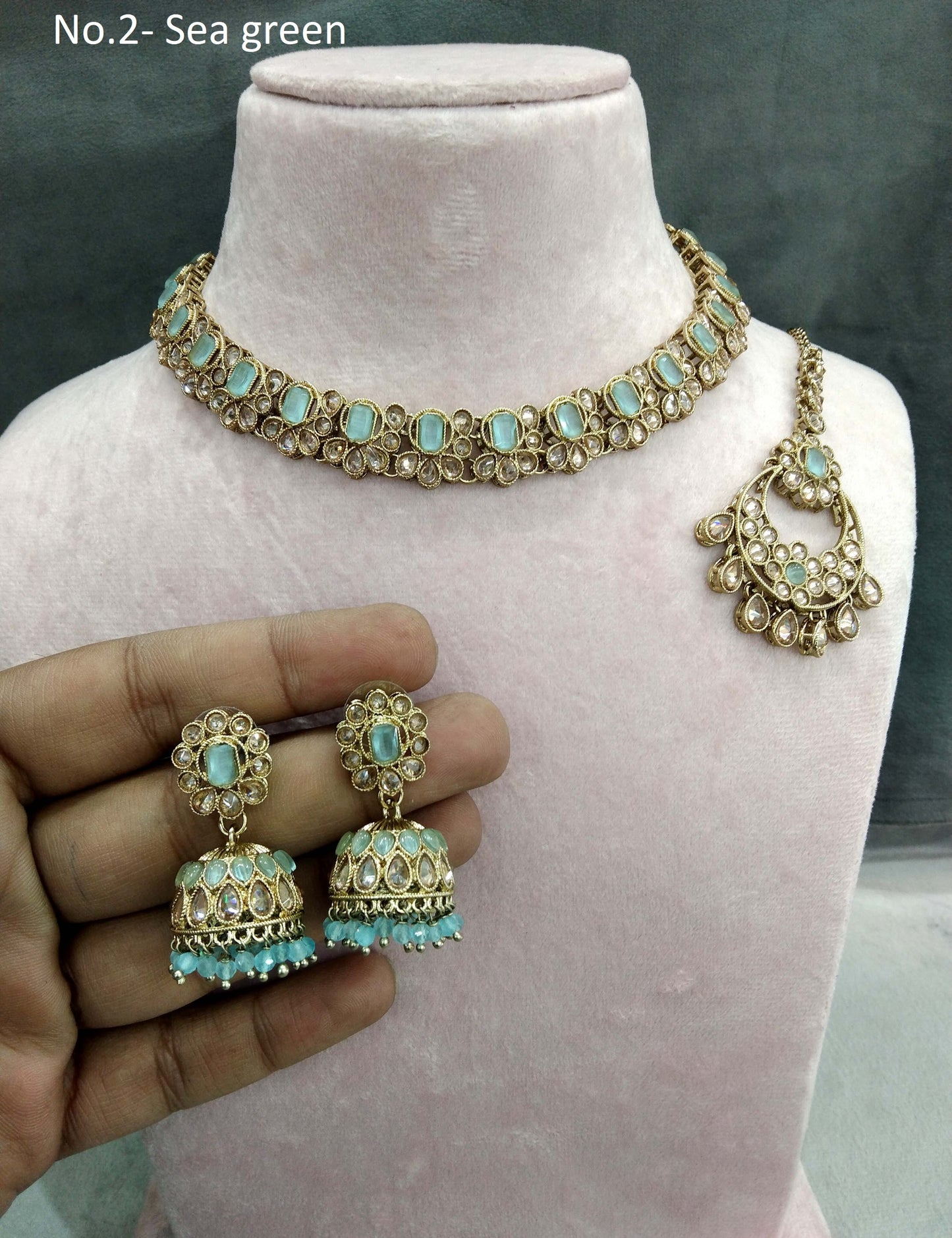 Antique Gold Sea Green Indian niti Jewellery necklace set