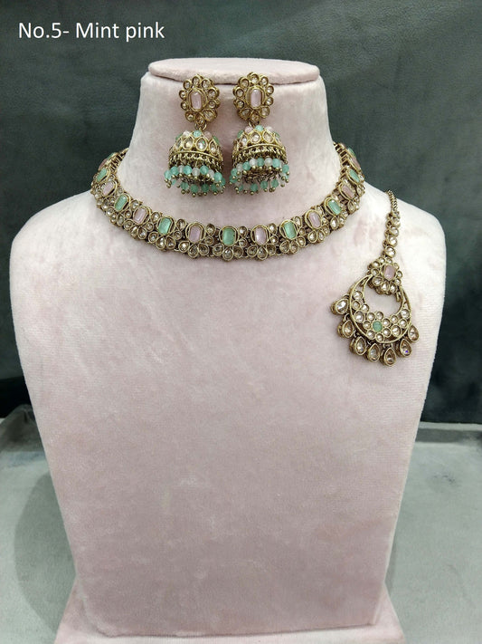 Antique Gold Mint pink Indian niti Jewellery necklace set