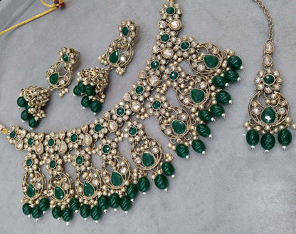 Antique Gold Necklace set/ Dark gold green necklace Indian mony jewellery set