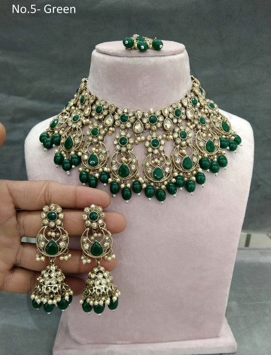 Antique Gold Necklace set/ Dark gold green necklace Indian mony jewellery set