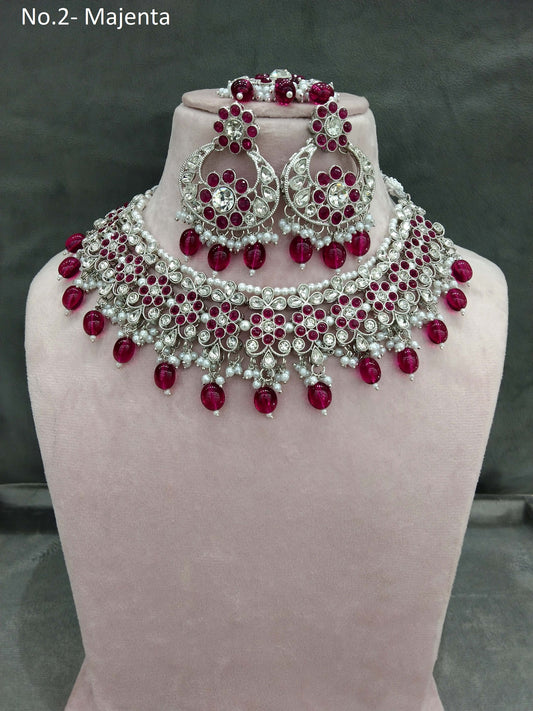 Indian   Jewellery/ Silver majenta necklace shine set