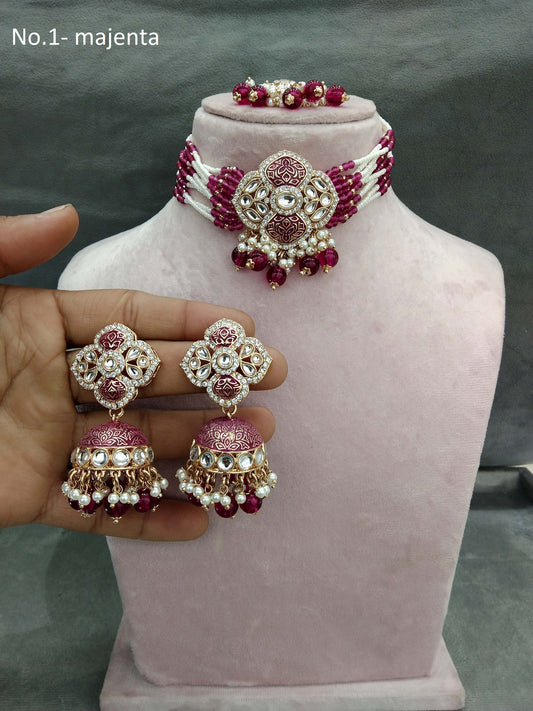 Rose gold kundan choker Set/ rose gold majenta Indian hipsi choker Jewellry