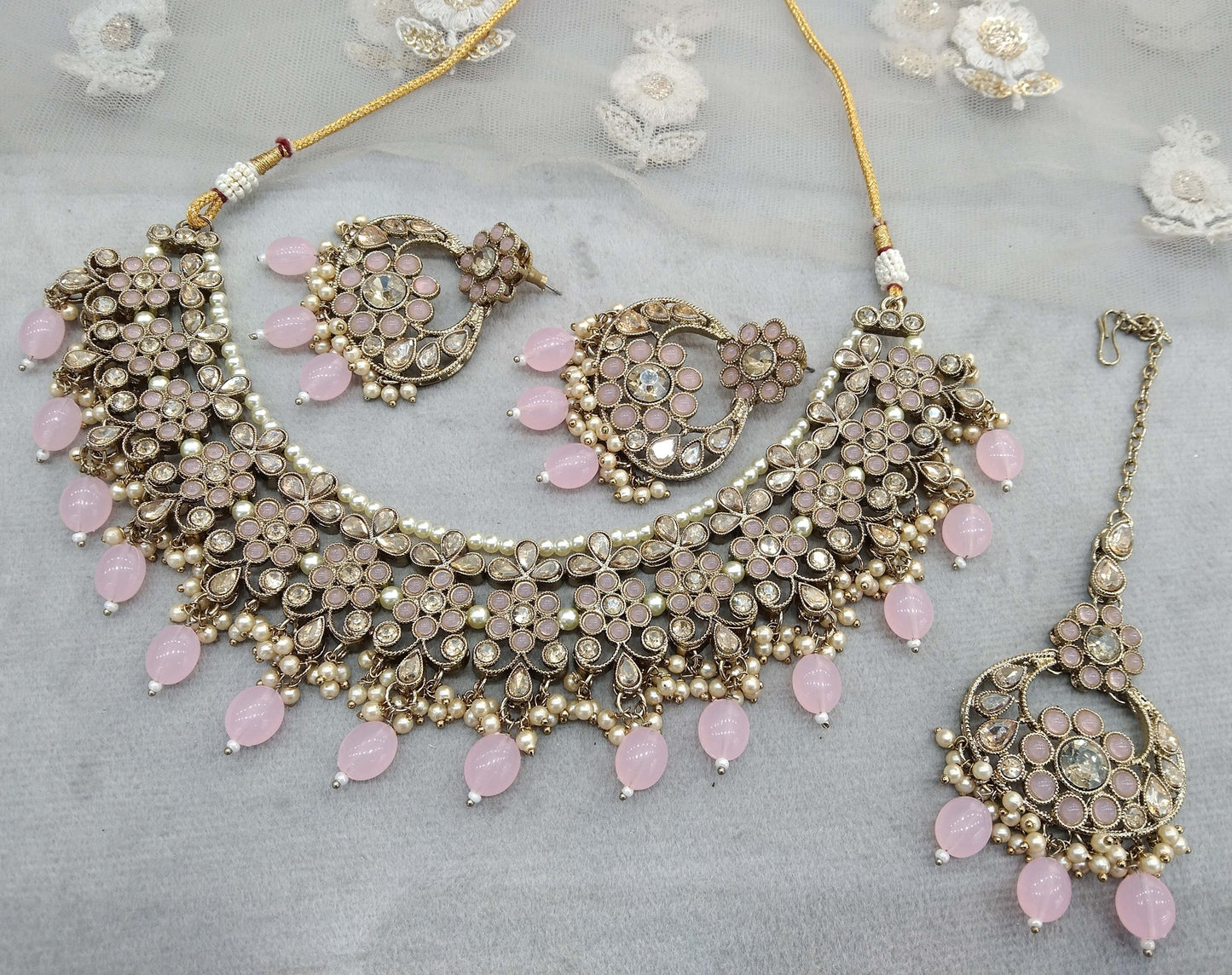 Antique Gold Pink Necklace Set Indian Bridal riva Jewellery