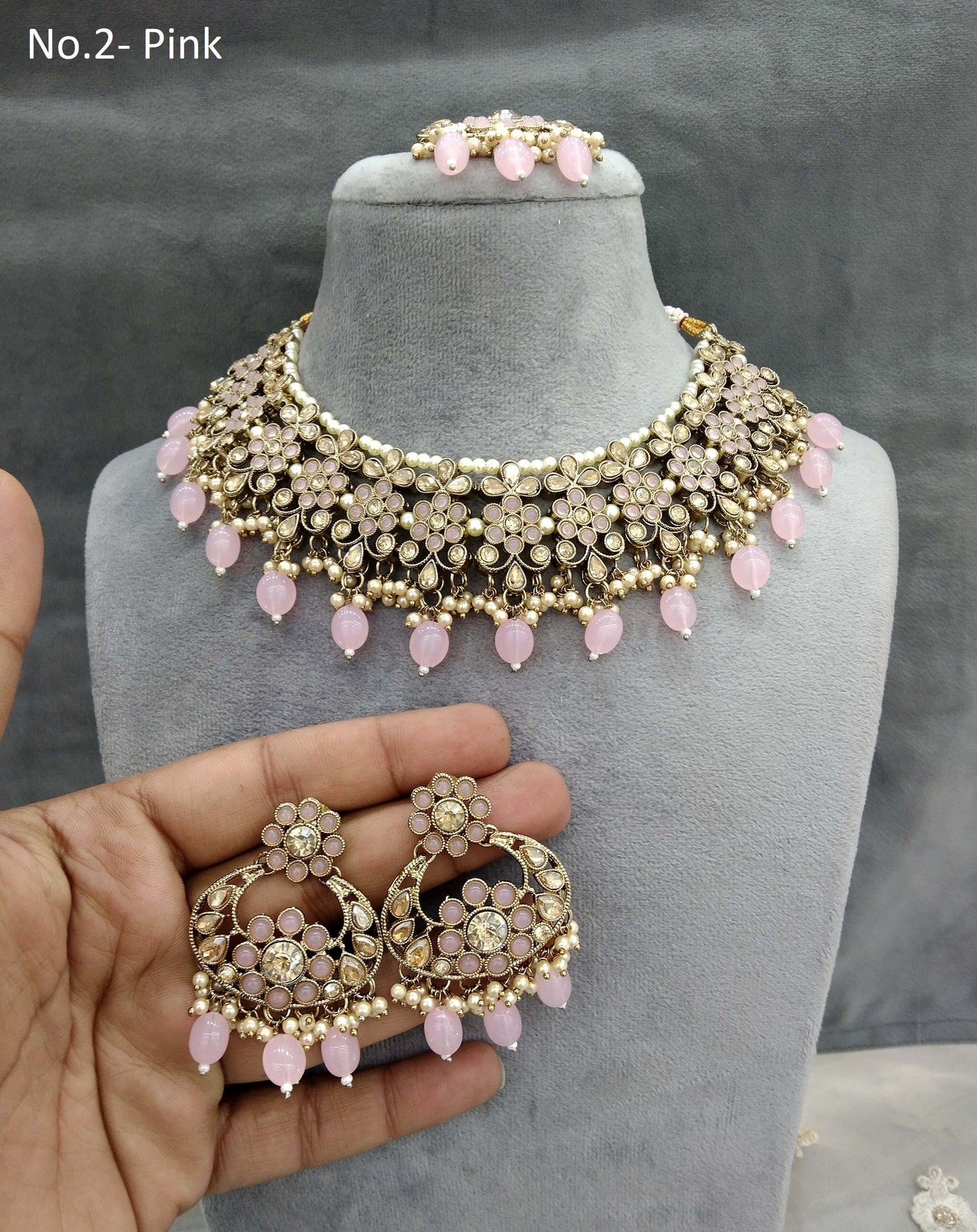 Antique Gold Pink Necklace Set Indian Bridal riva Jewellery