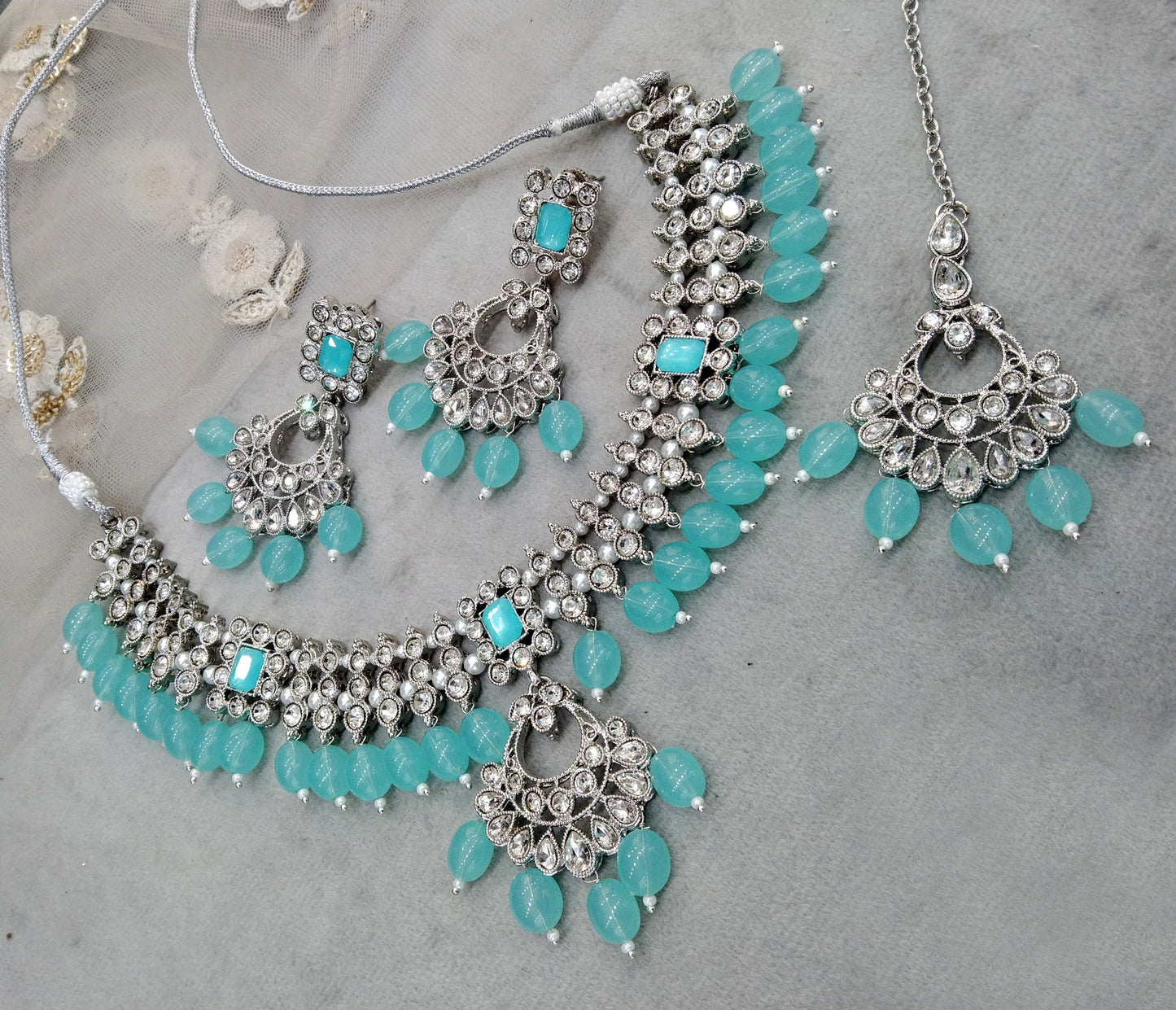 Silver necklace Set/ Silver sea green  Indian Bridal pinki Jewellery