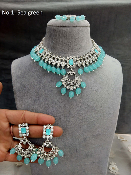 Silver necklace Set/ Silver sea green  Indian Bridal pinki Jewellery