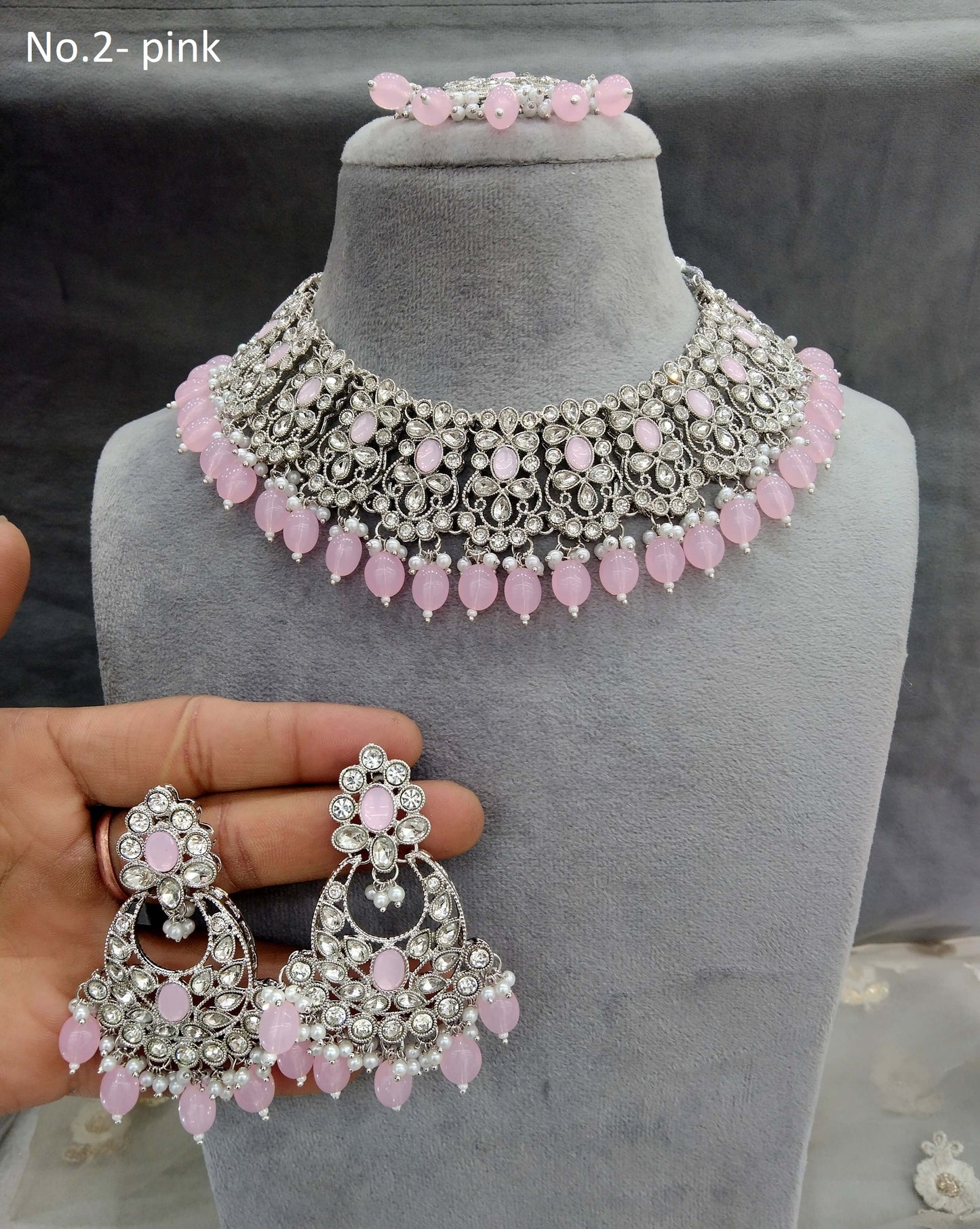 Silver pink necklace Indian Bridal Jewellery liva set