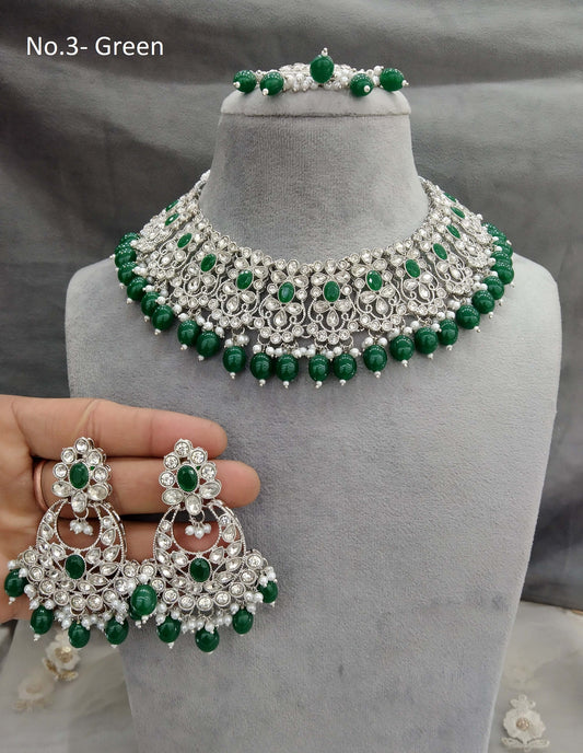 Silver green necklace Indian Bridal Jewellery set