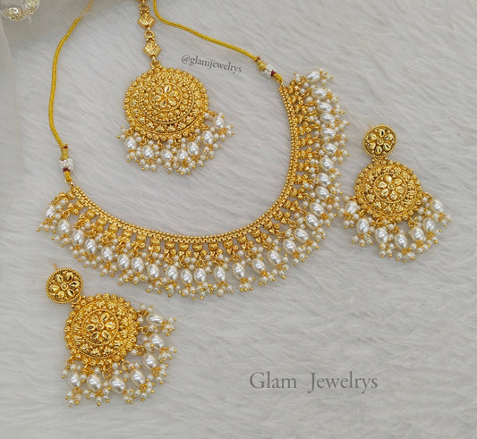 Gold white polki necklace Indian punjabi birpal Jewellery