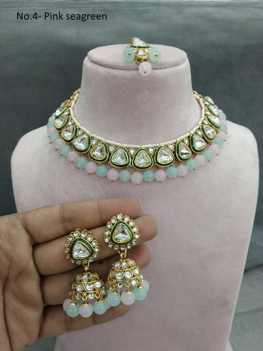 Gold sea green pink Kundan necklace Set/ Gold kundan Indian jewellery kundan aely sets