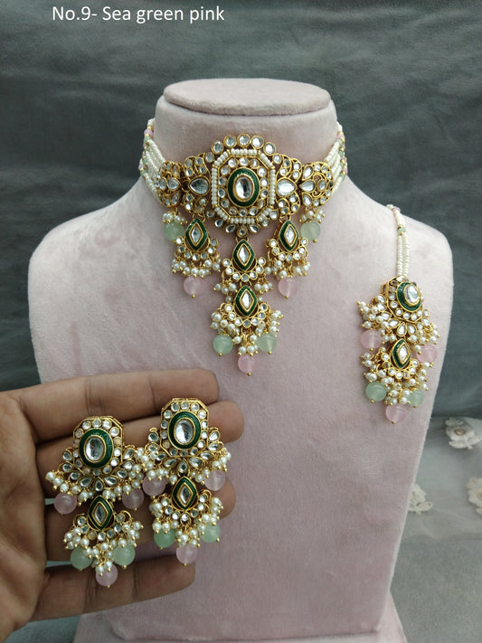 Indian  jewellery Gold sea green pink kundan choker set/ kundan choker kundan ciylo set