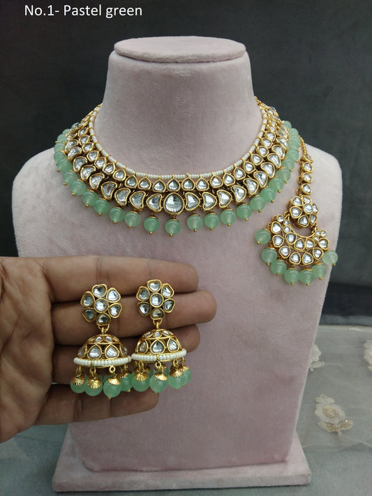 Gold pastel green Kundan necklace Set/ Gold kundan Indian jewellery kundan keli sets