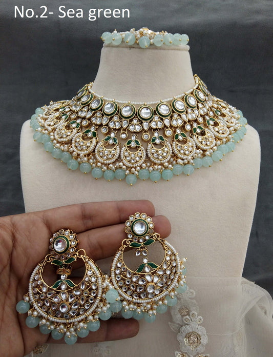 Gold Sea green Kundan necklace Set/ Gold kundan Indian jewellery kundan kivi sets