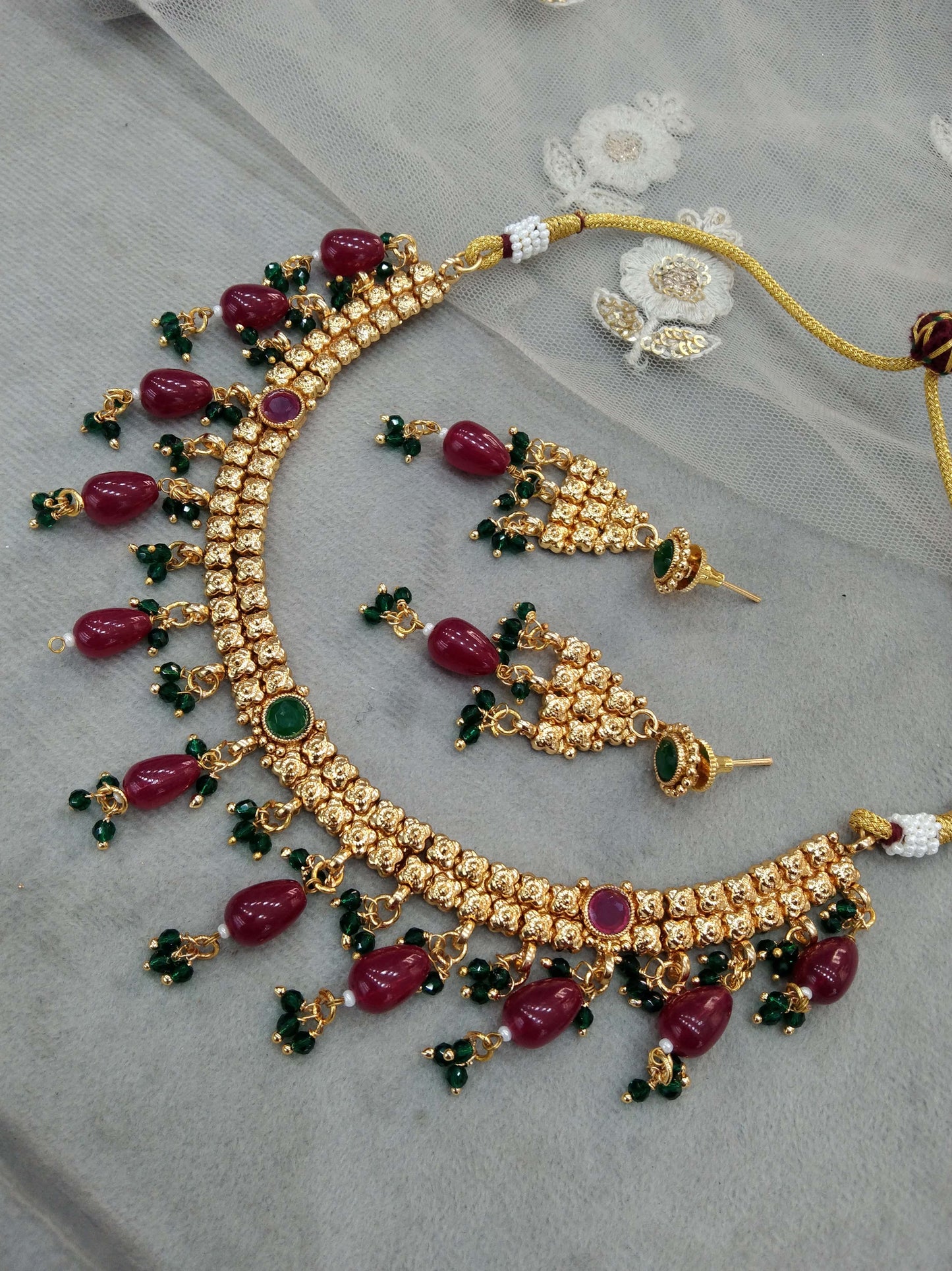 Gold maroon green polki necklace Indian punjabi birpal Jewellery