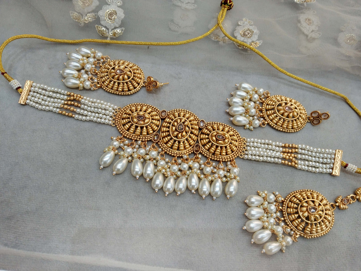 Gold white polki choker necklace Indian punjabi birpal Jewellery