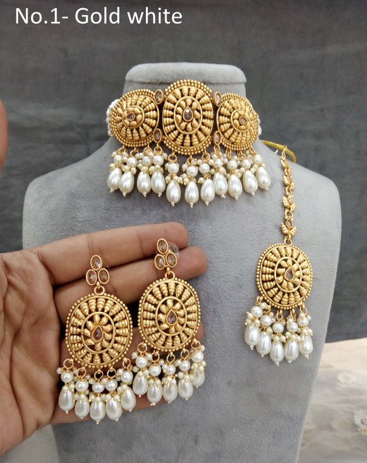 Gold white polki choker necklace Indian punjabi birpal Jewellery