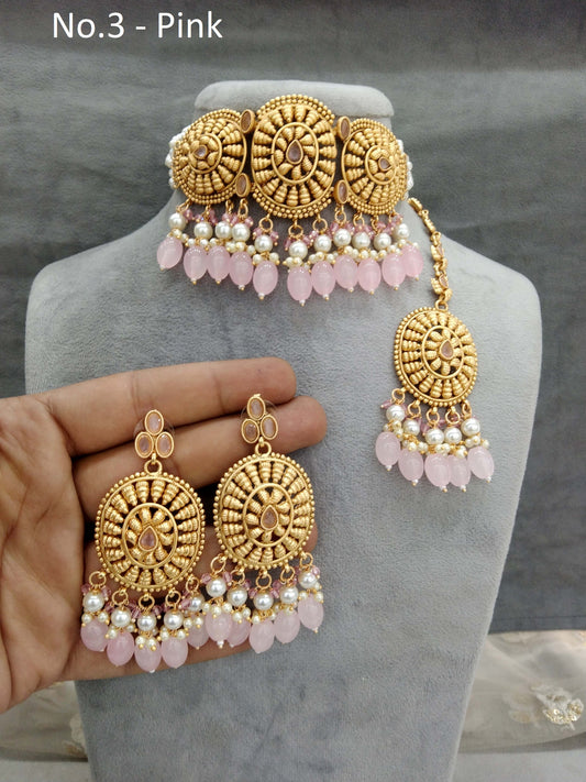 Gold pink polki choker necklace Jewellery Indian punjabi birpal Jewellery