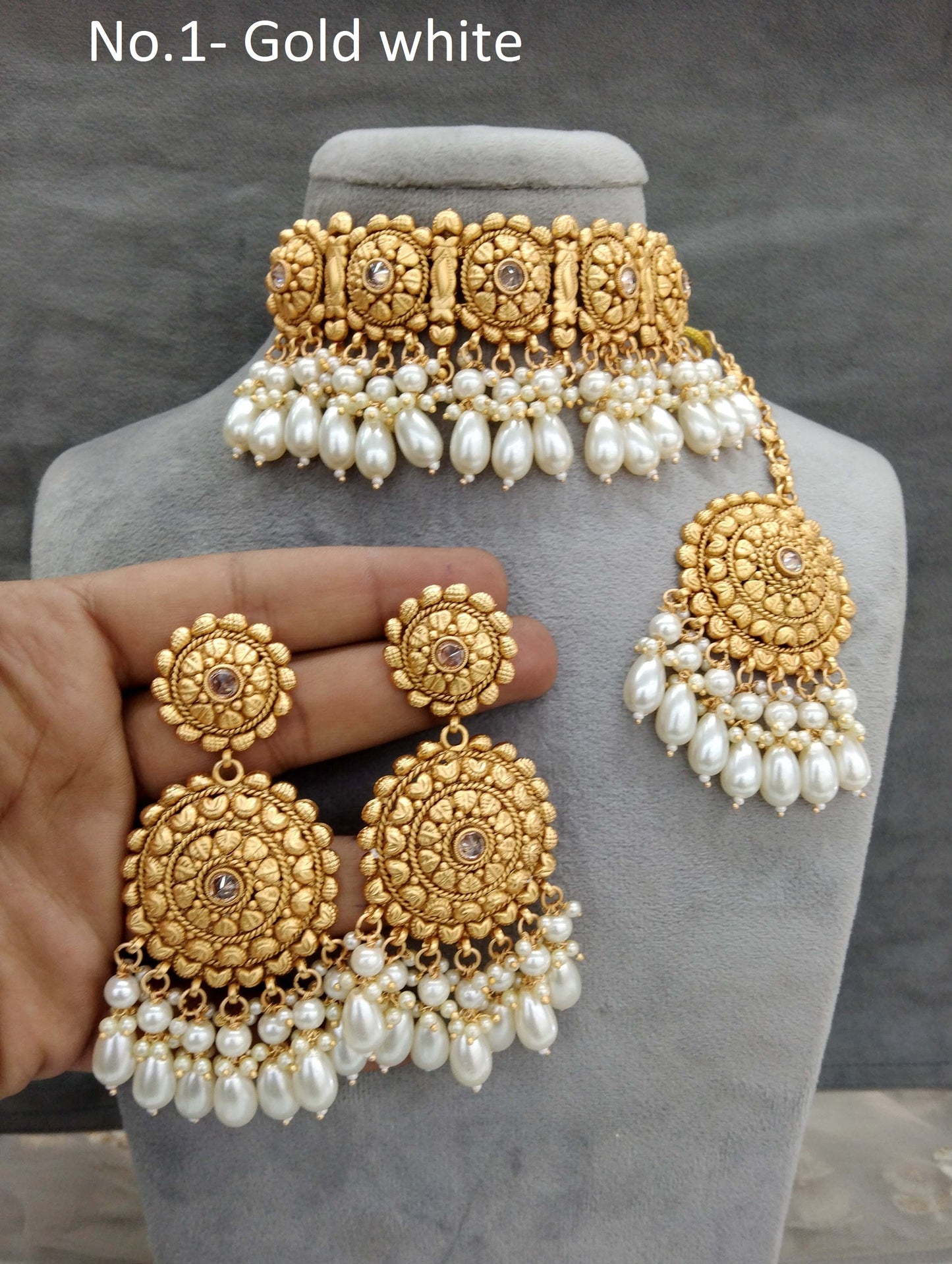 Gold white polki choker necklace Indian punjabi birpal Jewellery