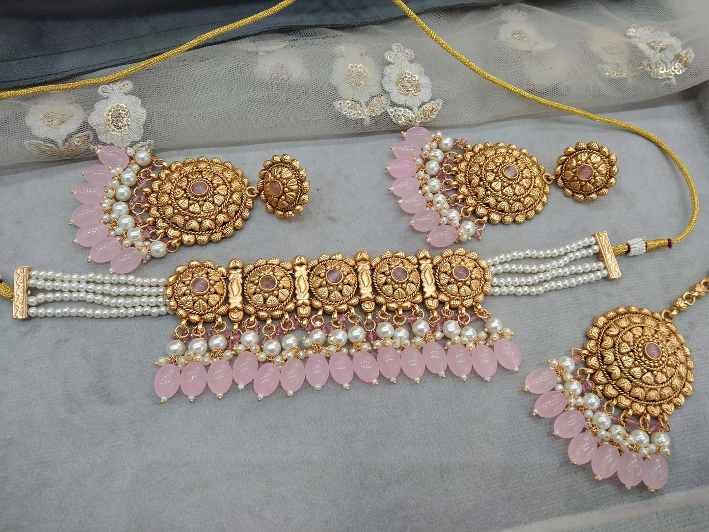 Gold pink polki choker necklace Indian punjabi birpal Jewellery