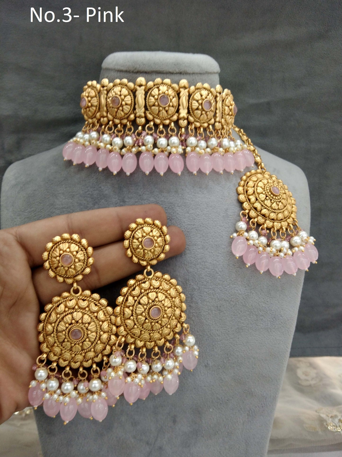 Gold pink polki choker necklace Indian punjabi birpal Jewellery