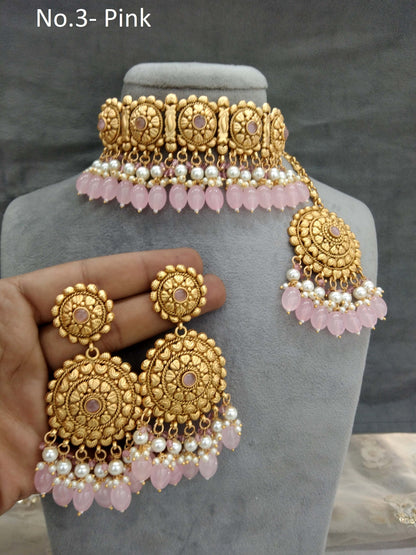 Gold pink polki choker necklace Indian punjabi birpal Jewellery