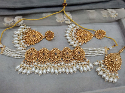 Gold white polki choker necklace Indian punjabi birpal Jewellery