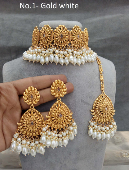 Gold white polki choker necklace Indian punjabi birpal Jewellery