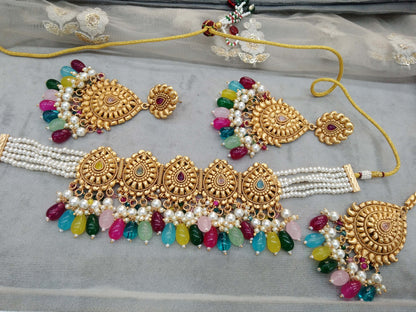 Gold multicolor polki choker necklace Indian punjabi birpal Jewellery