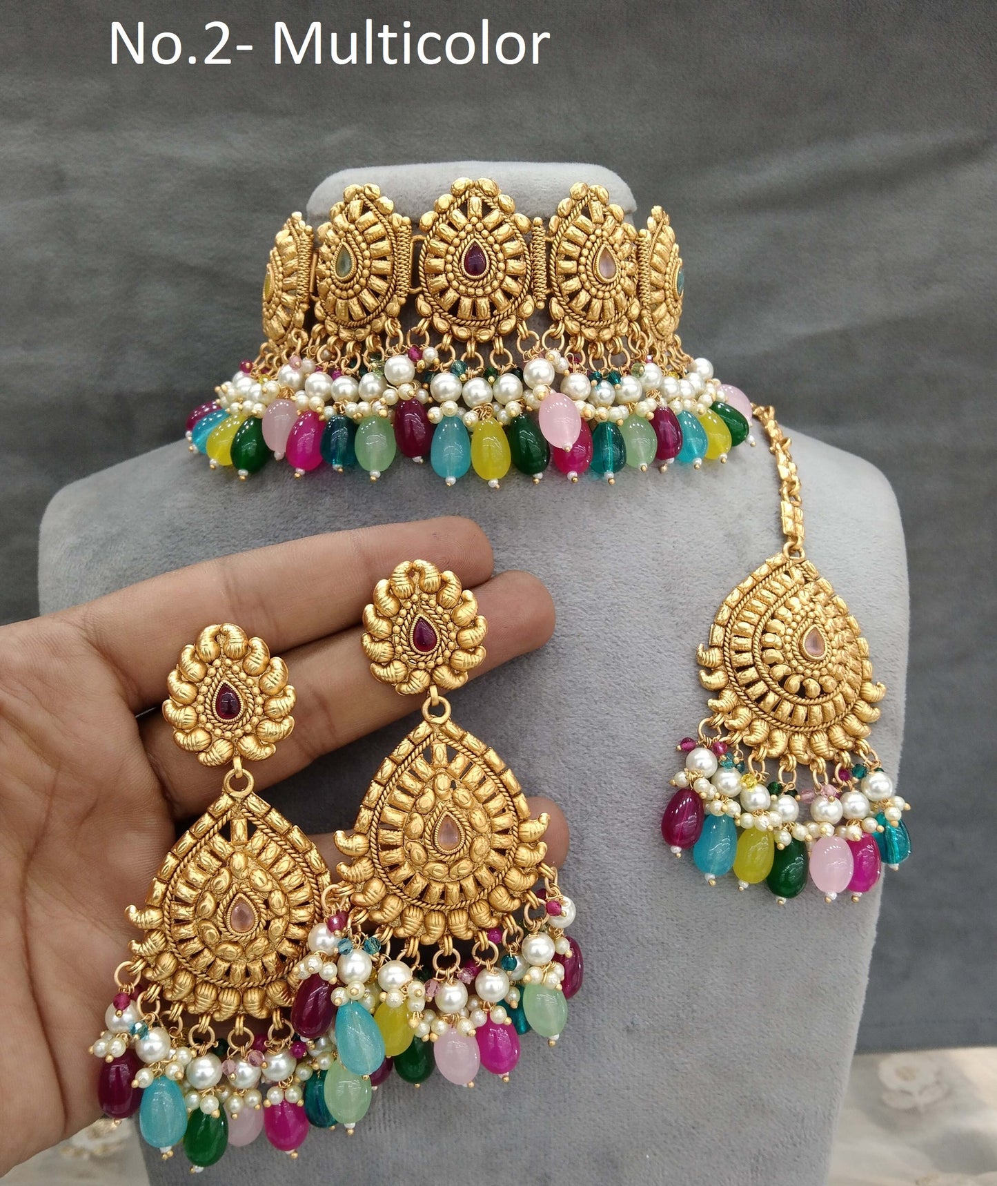 Gold multicolor polki choker necklace Indian punjabi birpal Jewellery