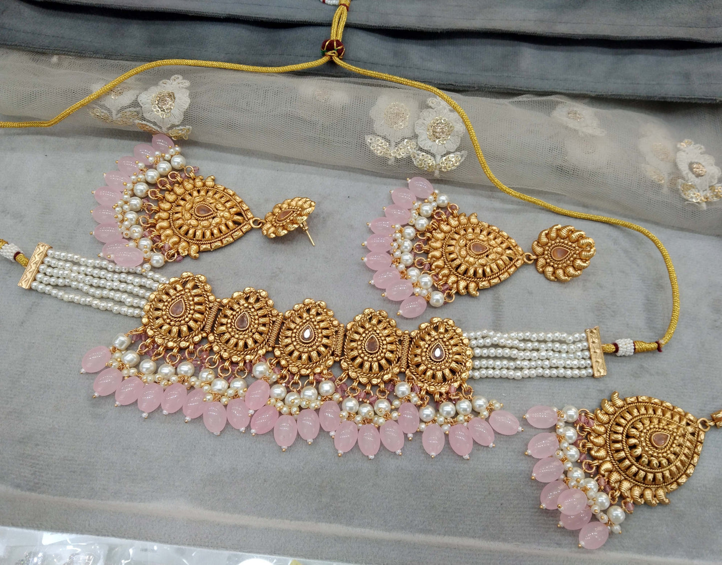 Gold pink polki choker necklace Indian punjabi birpal Jewellery