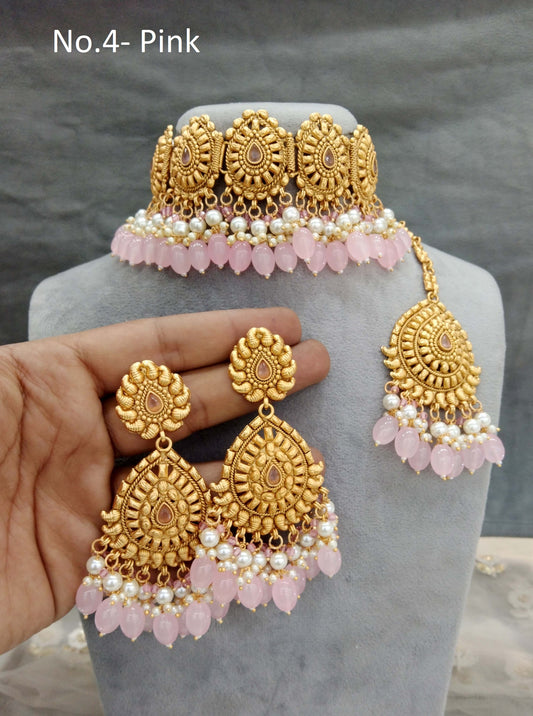 Gold pink polki choker necklace Indian punjabi birpal Jewellery