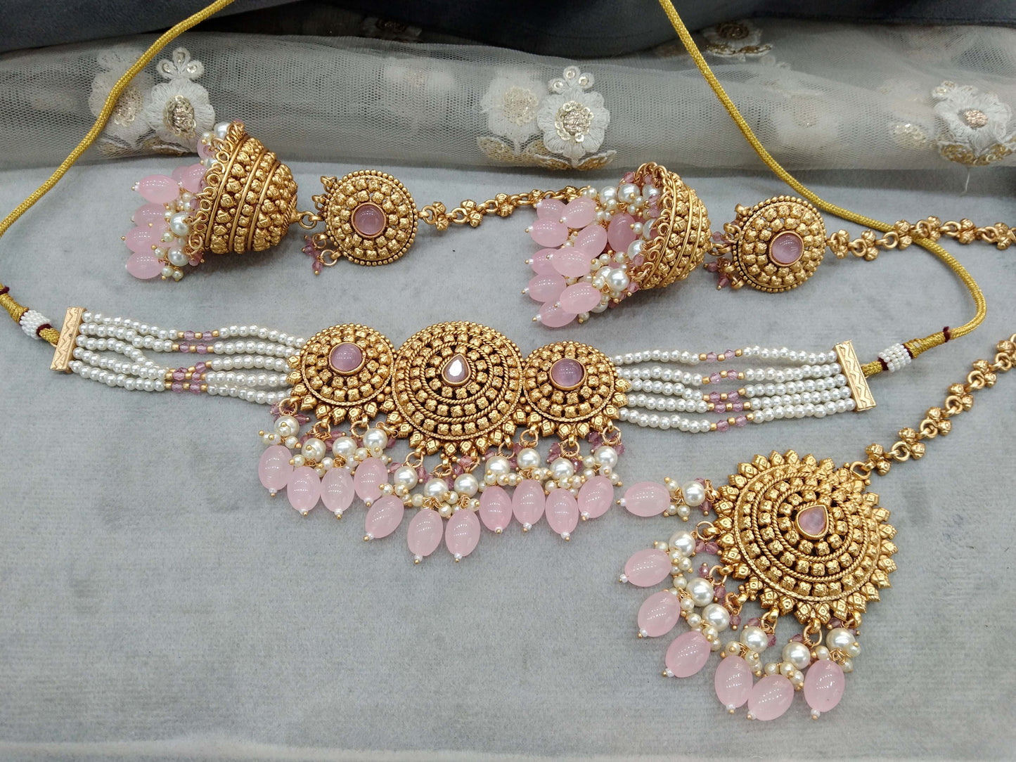 Gold pink polki choker necklace Jewellery Indian punjabi birpal Jewellery